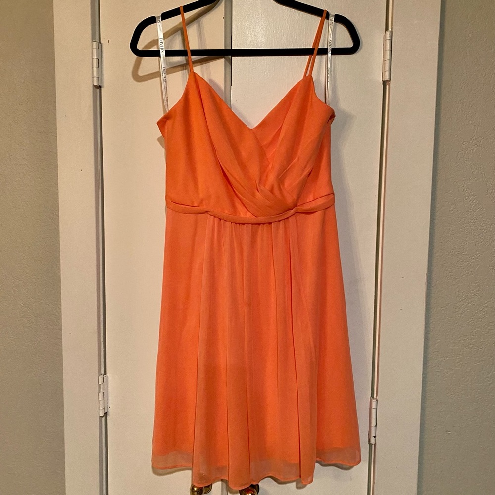 Coral, knee length, David’s Bridal Bridesmaid dress!